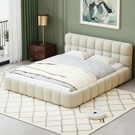 Lit double 140x200 cm à bulles rembourré, lit capitonné avec sommier à lattes et dossier souple, cadre de lit pour adolescents et adultes, plat, lin, beige, sans matelas (1/5)