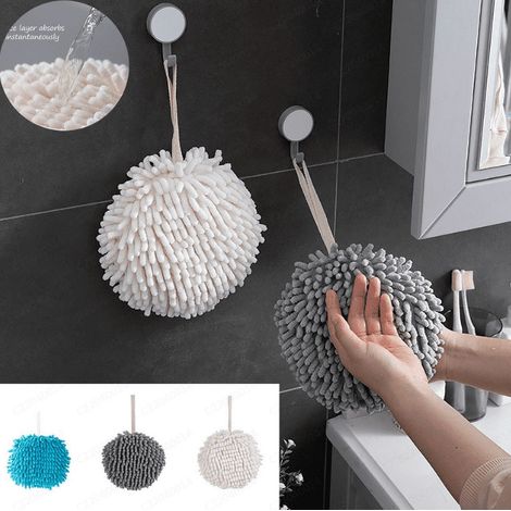 Serviette Main Sphérique - Chenille Microfibre Absorbante - Pour Salle De Bain Cuisine - Avec Anneau De Suspension - 2 Pièces (1/5)