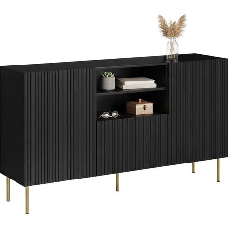Credenza Stornara, Madia da salotto con due ante battenti, un cassetto e due vani aperti, Design con effetto cannettato, 150x42 h82 cm, Nero