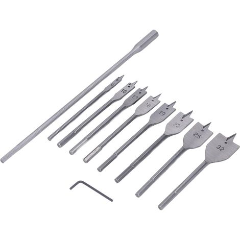 Lot de 10 forets à bois en acier à haute teneur en carbone, 8 tailles, tige de 1/4 po, forets plats pour le travail du bois (1/5)