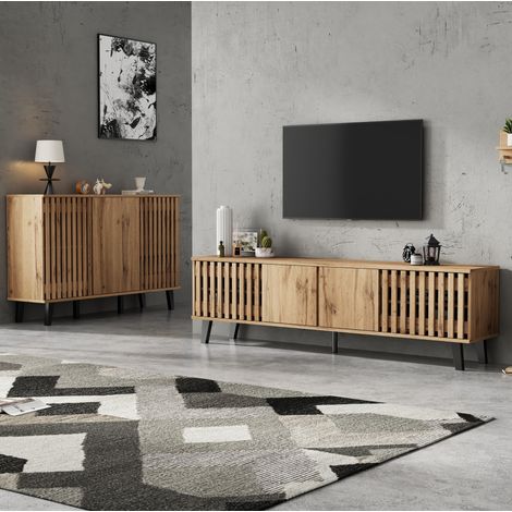 Mueble TV y aparador (180x40x55 cm y 150x40x95 cm), con 8 compartimentos, puertas, tablero de partículas, color natural (1/5)