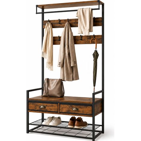 Relaxdays appendiabiti con scaffale per scarpe, 2 cassetti, 10 ganci, 2 ripiani, marrone/nero, 181 x 80 x 30 cm (1/5)