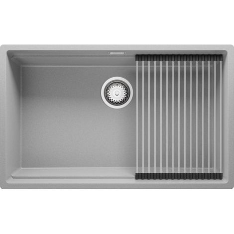 PRIMAGRAN Evier Cuisine en Granit 76x47cm, Lavabo 1 bac + Kit de Vidage + Égouttoir Enroulable, Évier à Encastrer au meuble 80cm - Prague Slim, Gris (1/5)