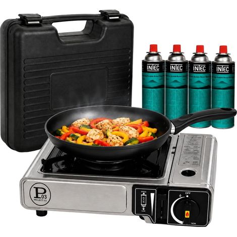 Réchaud à Gaz Portable 1Feu 2200W + 4 Cartouches gaz Butane Idéal Réchaud Camping, Van Cuisine Extérieure INTEC (1/5)