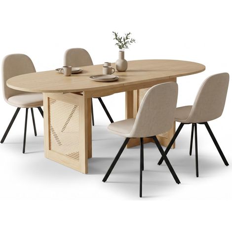 FurnitureR 5-teiliges Essset mit Ausziehtisch und 4 Drehstühlen, Ausziehbarer MDF-Tisch 150–200 cm in Eichenoptik mit 4 beigen Stoff-Drehstühlen und dekorativen Geflechteinsätzen (1/5)