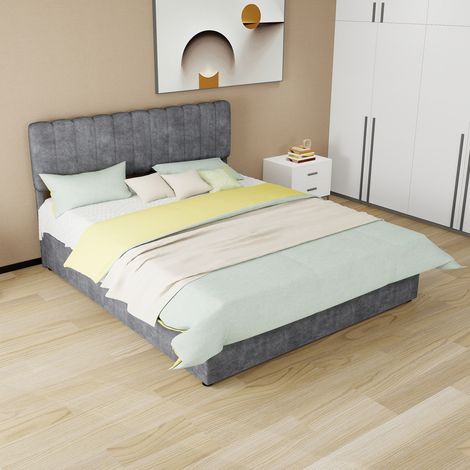 Cama tapizada 160x200 cm, cabecero alto, incluye colchón, gris, tela y metal (1/5)
