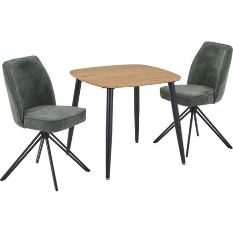 Aspen Light Oak Square Table & 2 Green Swivel Dining Chairs - MDF/Metal/Fabric - L69 x W46 x H92 cm