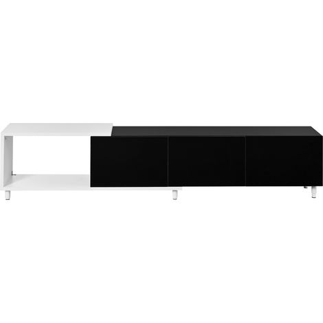 Mueble TV extensible con 3 puertas brillantes y patas metálicas 258 x 38 x 48,5 cm Negro y Blanco (1/5)