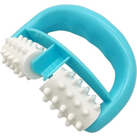 Rouleau de massage musculaire manuel en plastique avec poignée ronde et 2 roues, idéal pour soulager la cellulite des jambes, des bras et du dos, et favoriser la relaxation musculaire. Couleur : bleu. (1/5)