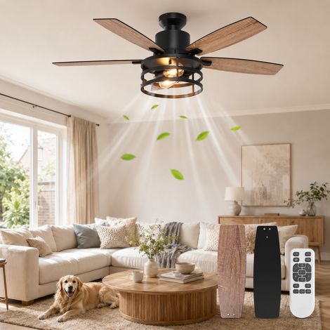HEMVOR Ventilateur de plafond avec lumière 112 cm moteur DC réversible silencieux télécommande 6 vitesses 5 pales noir