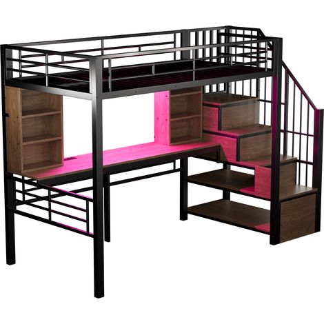 Cama alta 90 x 200 cm con escritorio LED enchufe UE escalera con almacenaje negro HOMVRA (1/5)