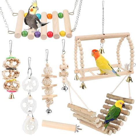 Wooden Parakeet Toys Natural Wooden Hanging Swings with Bells for Birds Chew (1/5)