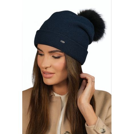 Bonnet d'hiver en laine pour femme, bleu marine turquoise, Kamea-Chiru, pompon écologique