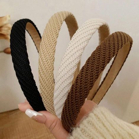 Conjunto de 4 diademas finas de punto para mujer, antideslizantes y modernas, en colores lisos. Bonitos accesorios para el cabello. (1/3)