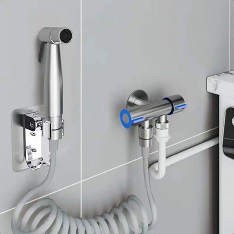 Handbrause-Set mit Doppelventil aus Edelstahl, selbstreinigender Duschkopf, geeignet für Badezimmer und Toiletten.