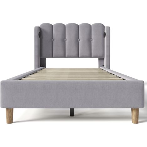 CAIziLit simple rembourré avec fonction de charge USB Type C, cadre de lit avec sommier à lattes, lit rembourré gris, 90 x 200 cm, cadre de lit pour chambre d’adolescent ou d’amis, matériau lin (1/5)
