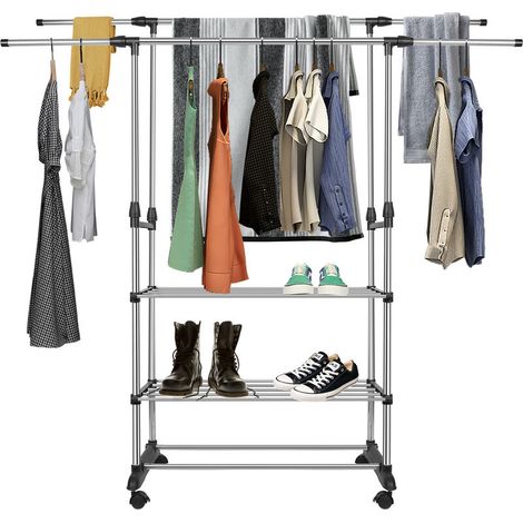 Portant à vêtement,avec 3 niveaux étagères à Chaussures,double perche télescopique,®,avec roulettes,penderie à vêtements portable extensible,noir (1/5)