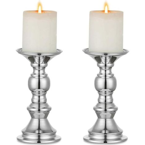 Silver Pillar Candle Holders, Wedding Centerpieces Metal Candlestick Holder for 50mm Candles Stand Decoration Ideal for Weddings Special Events Parties Living Room, 2 Pieces