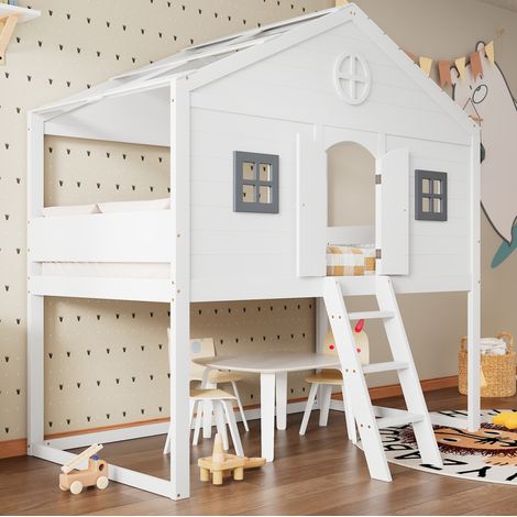 Lit mezzanine enfant 90/200 cm blanc et gris en pin massif et panneaux de fibres avec fenêtres et escalier (1/5)