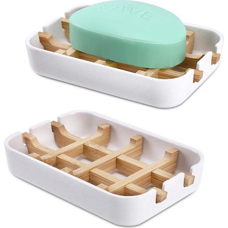 Lot de 2 porte-savons en bois de bambou pour barre de salle de bain, porte-savon de douche, évier, bac à douche (blanc) (1/5)