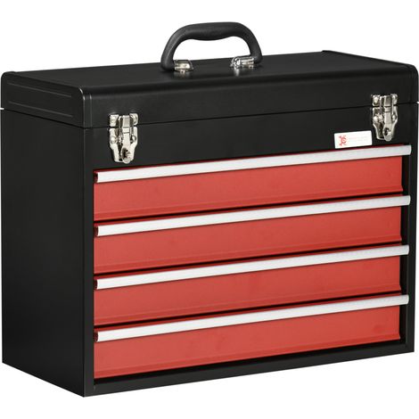 Caisse à outils en acier avec 4 tiroirs et serrure, 51 x 22 x 39,5 cm, noir et rouge (1/5)