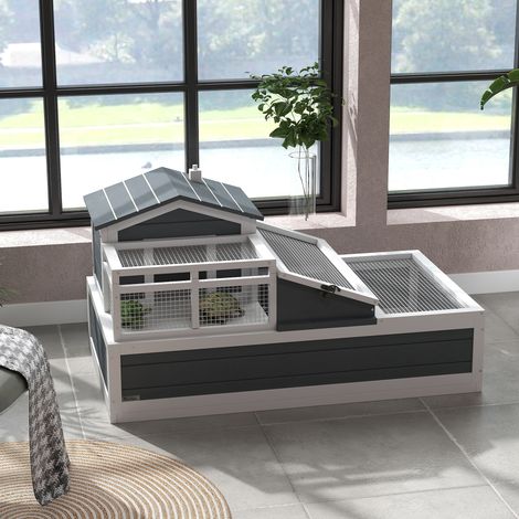 Casetta per tartarughe, 2 livelli, per uso interno ed esterno, balcone, legno di abete, grigio (1/5)