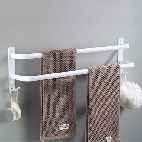 Porte-serviettes mural - - Blanc - Barres multicouches - Crochets intégrés - Aluminium - Style contemporain - 50 cm (1/4)