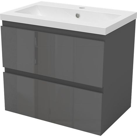 Biubiubath Wall Hung 600mm Bathroom Vanity Unit without Basin Gloss Grey 2 Drawers Flat Pack
