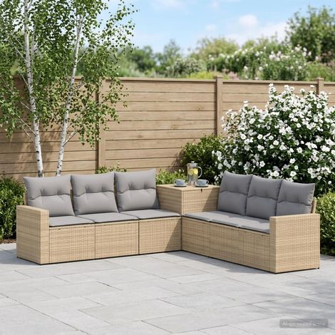 Ensemble de salon de jardin modulable 7 pièces en résine tressée beige et gris clair avec coffre de rangement et coussins (1/5)