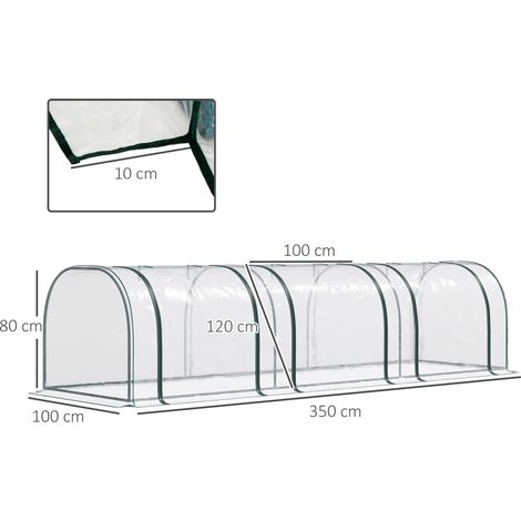 Serre tunnel en aluminium robuste, 350x100x80 cm, abri de jardin avec porte, bâche PVC transparente pour plantes et chambre froide, armature acier résistante, vert (1/5)