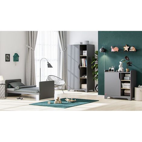 Chambre complète lit bébé évolutif - commode à langer - armoire 1 porte Vox Leaf Gris et bois (1/5)