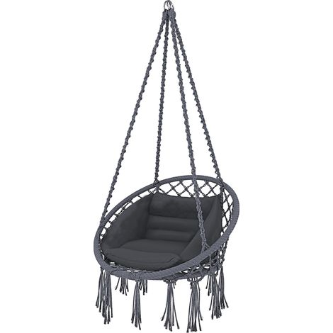 Poltrona Sospesa Pensile Da Giardino Con Corda In Cotone Effetto Macramè E Struttura In Acciaio Cuscino Sedia Dondolo Amaca Con Seduta Imbottita Esterno Terrazzo Design Moderno Fino A 160 Kg Beige - C