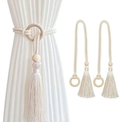 2 cotton curtain tiebacks
Adjustable boho-style tiebacks with pom poms
Handwoven curtains with loops