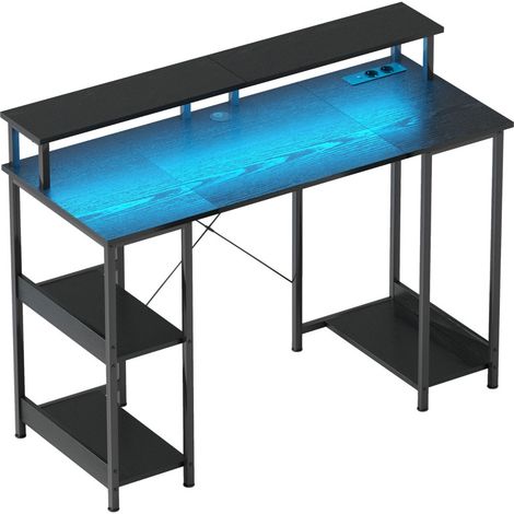 Bureau Larena PC réversible LED avec prises et support moniteur noir (1/5)