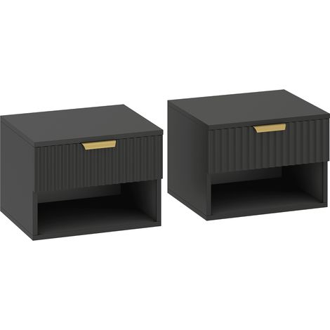 Lot de 2 tables suspendues murales de chevet, noires, 40x34x29cm, avec tiroir et espace de rangement, design moderne. (1/5)