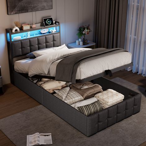 Letto contenitore singolo 90x200 cm con rete a doghe, testiera con LED RGB e porte USB/Type-C, struttura in lino, grigio