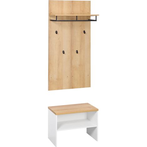 Organisateur d'entrée avec banc à chaussures, étagère à chaussures, porte-manteau à 4 crochets, blanc et naturel (1/5)