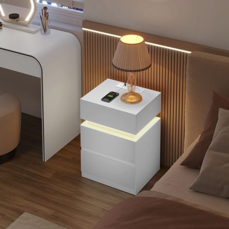 WOLTU 1x Nachttisch, Nachtschrank mit Ladefunktion, LED-Beleuchtung 25 Lichtfarben, Nachtschrank mit 2 Schubladen 1 Fach, Kabelführung, Nachtkommode Sofatisch, 40x55x35 cm, Weiß (1/5)