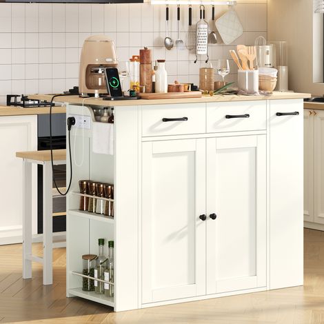 Îlot de cuisine 120x45-75x96 cm blanc en panneau de particules avec plateau extensible, rangements et prise intégrée (1/5)
