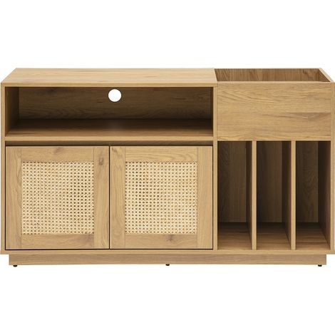 Schallplatten-Aufbewahrungsbuffet in heller Eichenholzoptik und Rattangeflecht L130 cm ALICANTE