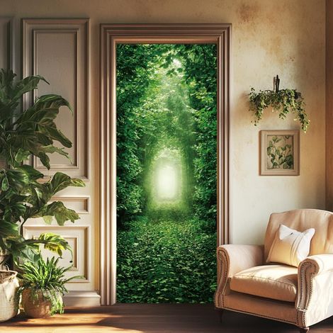2 Pcs 3D autocollant porte, 31,5 "x78,7" tunnel de forêt trou de lapin Fairyland vert porte de forêt peintures murales autocollants PVC décoration amovible papier peint pour chambres salon (1/5)