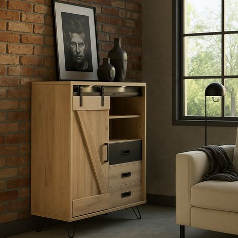 Buffet haut décor chêne avec LED 2 portes COSTA (1/5)