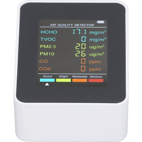 Moniteur de qualité de l'air portable avec écran LCD rétroéclairé, détecteur de CO2, COVT, HCHO, PM2.5 et PM10, avec alarme, blanc (1/5)