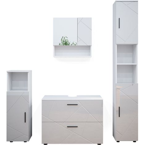 Set mobili bagno Irma, Bianco lucido, 4 parti, con cassettiera e colonna, Vicco