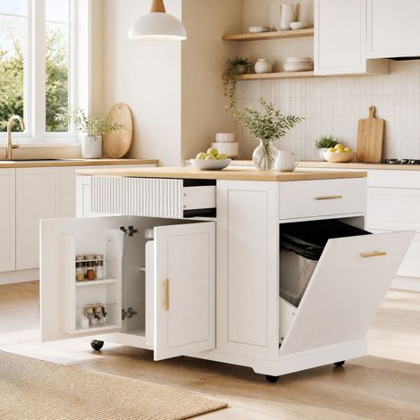 Isla de cocina con ruedas (120x50x92 cm), con compartimento para cubo de basura, 2 puertas, 3 cajones, MDF, blanco (1/5)
