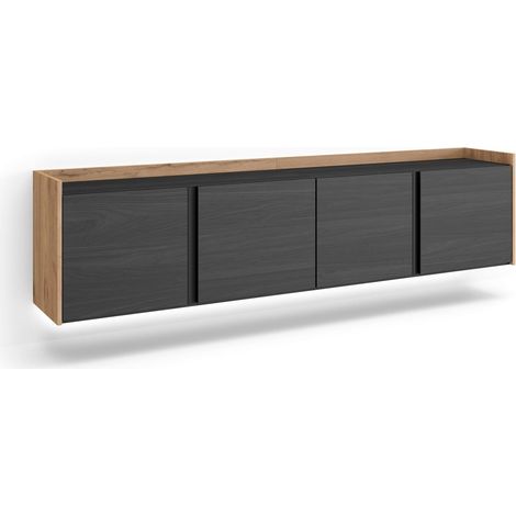 Skraut Home - Mueble TV, Televisión, Muebles de salón, almacenaje, 207x35x50cm, Para TV hasta 80", Colgado, Suspendido, LED, Estilo Moderno, Negro y roble (1/5)