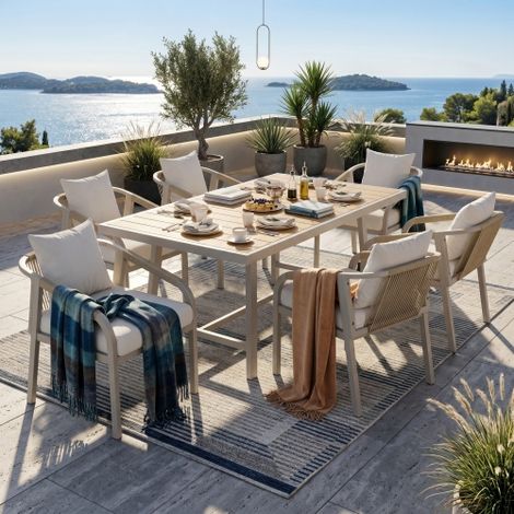 Set da tavolo da pranzo per il giardino, kit mobili per il giardino, per 6 persone, con un tavolo e 6 sedie, in tubi di acciaio zincato, top tavolo in wood-plastic, design corda intrecciata, color kak