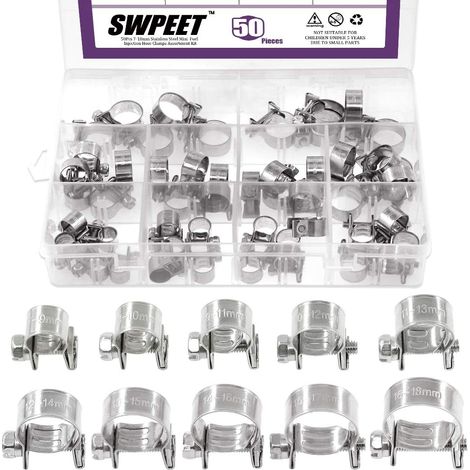 50pcs 10 Sizes 304 Stainless Steel Hose Clamp Assortment Kit for Mini Fuel Injection Lines for Automotive Farming (1/5)