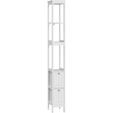 Mobiletto bagno stretto in MDF bianco con 2 cassetti e 3 ripiani aperti, 20x30x160 cm (1/5)