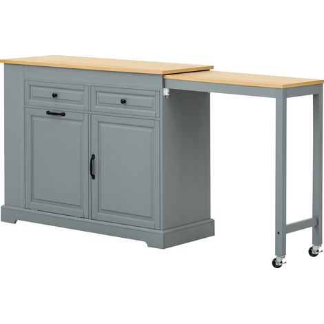 Îlot de cuisine mobile avec plan de travail extensible gris, tiroirs et compartiment poubelle (1/5)